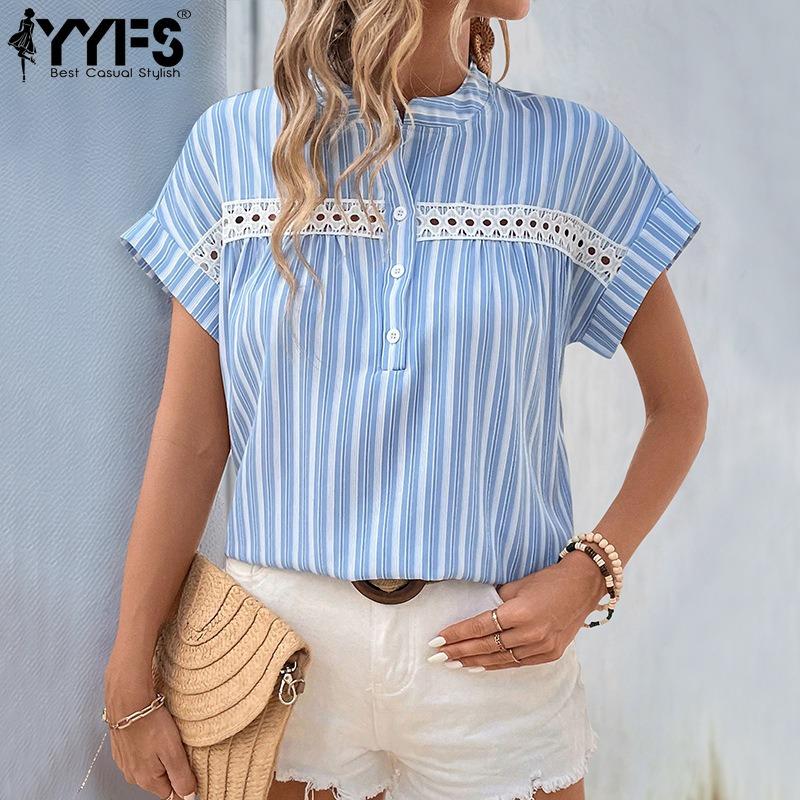 YYFS Women's Fashion Casual Summer Spring Stripe Print Short Sleeve V-Neck Blouses & Shirts