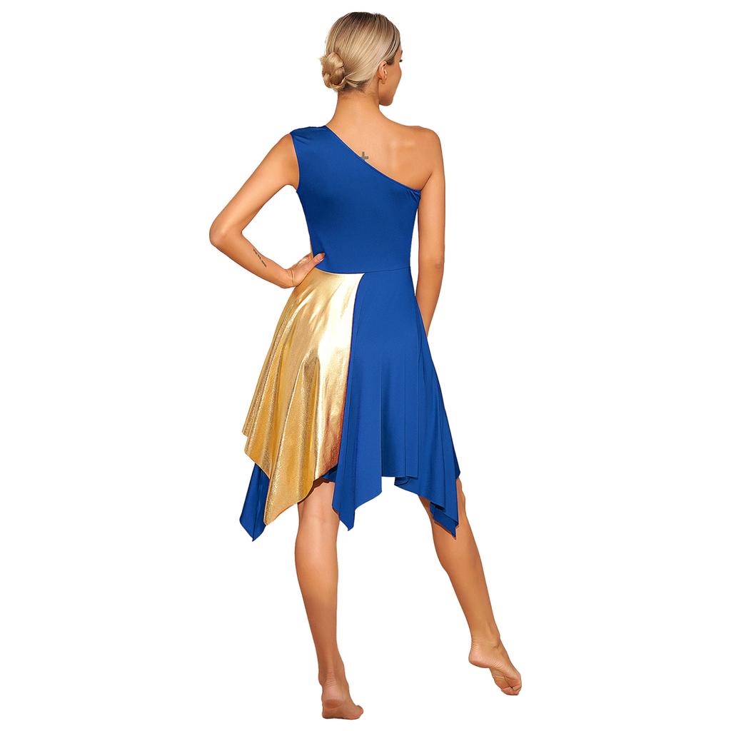 Womens Metallic Worship Praise Dance Dress Color Block One Shoulder Irregular Hem Sleeveless Dresses Dancewear Performance Costume