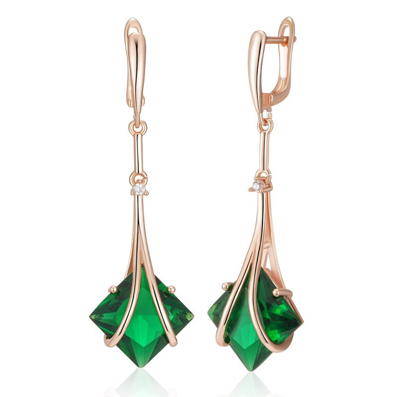 Square Cut Green Zircon Long Dangle Earrings for Women Golden Earrings Fashion Vintage Jewelry Party Daily Accessories