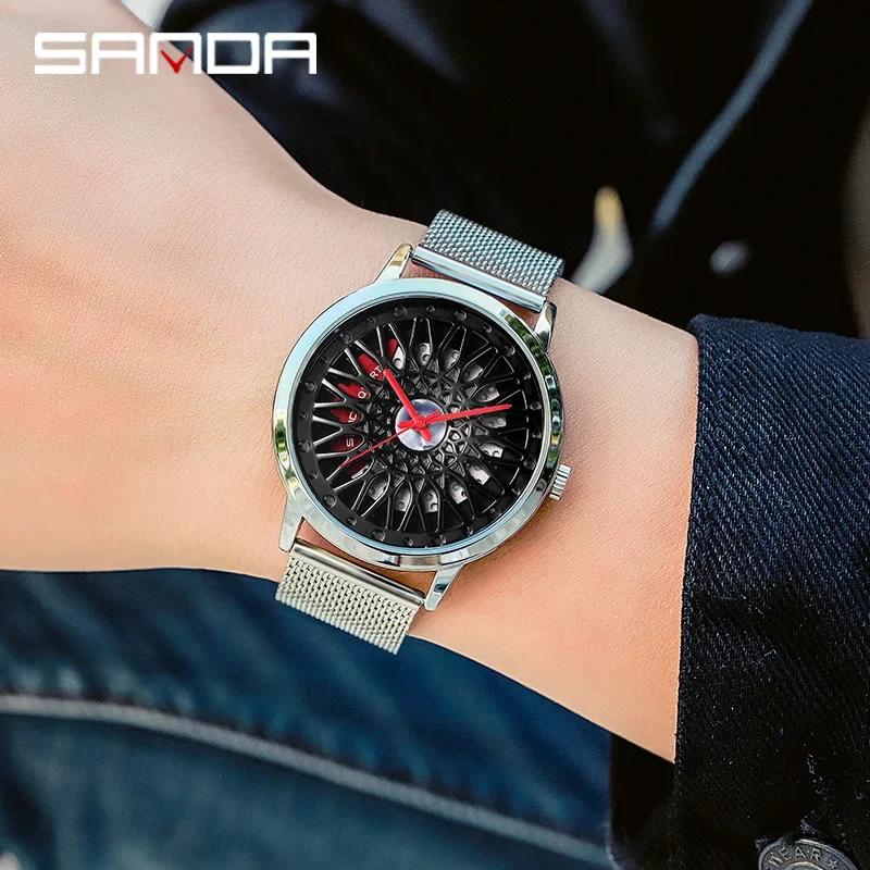 Fashion Sanda 1060 Car Wheel Hollow Out Design Carved Dial Waterproof Strap Optional Quartz Movement Men Leisure Sports Watches