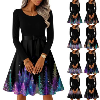 Женские повседневные модные платья с круглым вырезом, длинным рукавом, рождественским принтом, для вечеринки, винтажные длинные платья