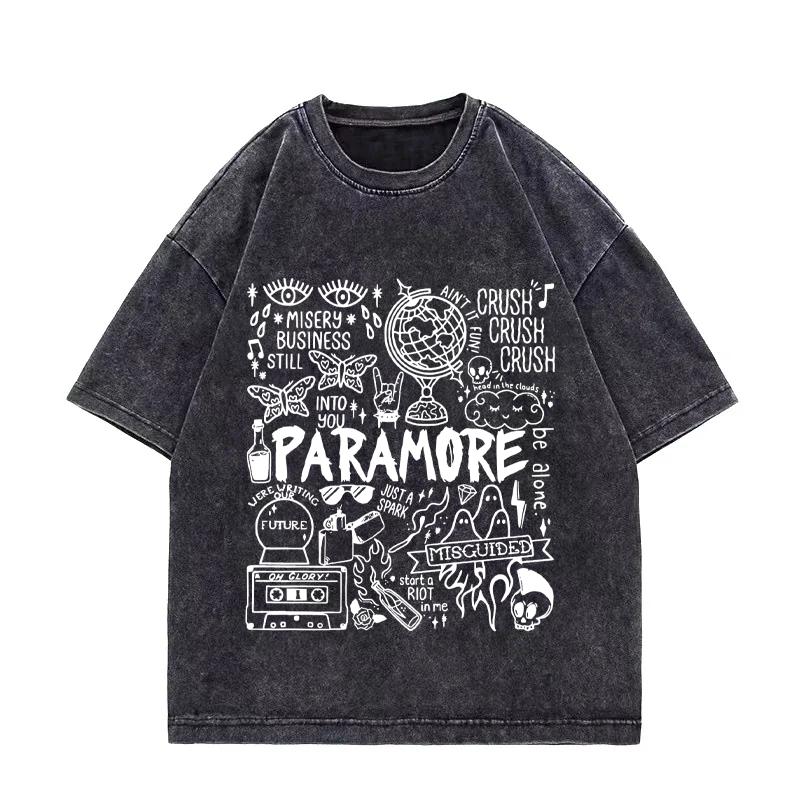 Rock band Paramore Doodle Art Tour Album Vintage Washed T shirt Men Women's Hip Hop streetwear short sleeve Cotton clothes
