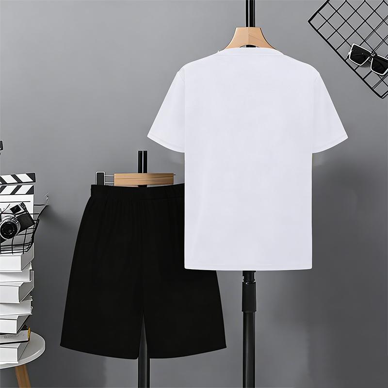 Boys 2 Piece Beach Printed Design Outfit, Short Sleeve T-Shirt and Shorts Set for Kids Age 5-14, Black and White Sporty Casual Summer Clothes