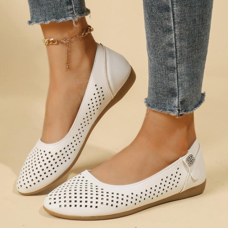 Women's Single Shoes Round Toe Shallow Mouth Cutout Breathable Non-slip Wear-resistant Flats