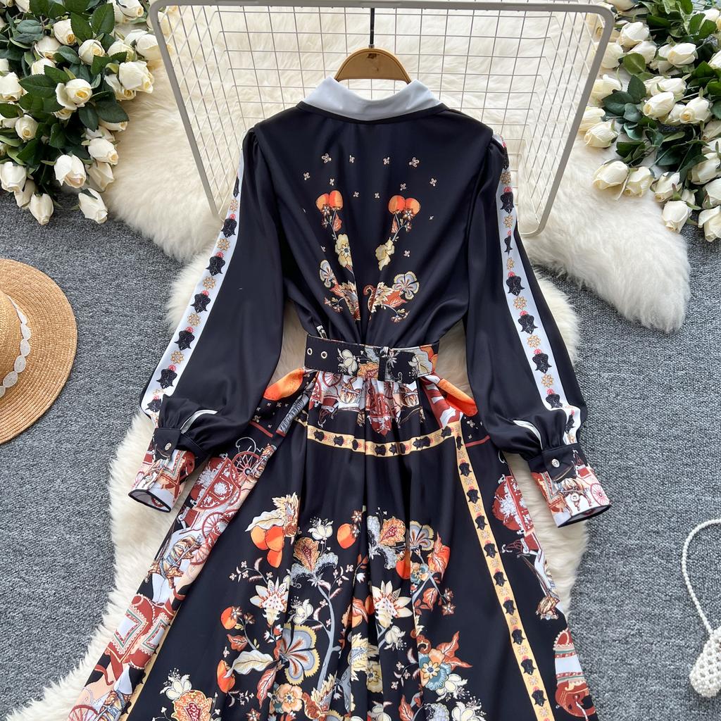 Весна-лето Женские дизайнерские винтажные принты Подиумные платья с отложным воротником Длинное макси-платье-рубашка с поясом