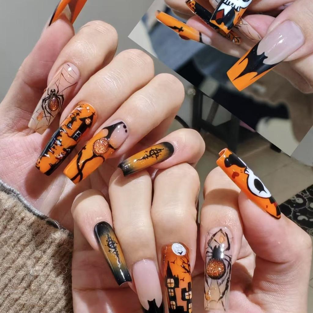 Halloween Handmade Wearable Nails Spider Web Bat Manicure Long Wearable Nails Nails Fake Nails