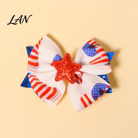 Fashion Hair Bows Independence Day Bow Clip for Girls, Red Blue White Glitter Hairpin, Double Layer Girls Ornaments with Sequins Star, Accessory