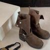 2025 Autumn New Wasteland Style Retro Round Head Thick Heel Lapel Tube Polished Knight Boots Leather Western Short Boots Women's Boots