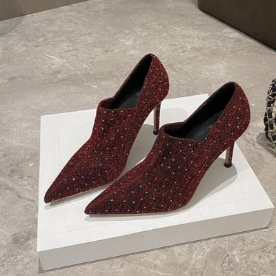 Модная весенняя новая обувь на тонком каблуке Женская модная остроносая обувь с глубоким вырезом из ткани с пайетками и замши, слипоны износостойкие туфли на высоком каблуке