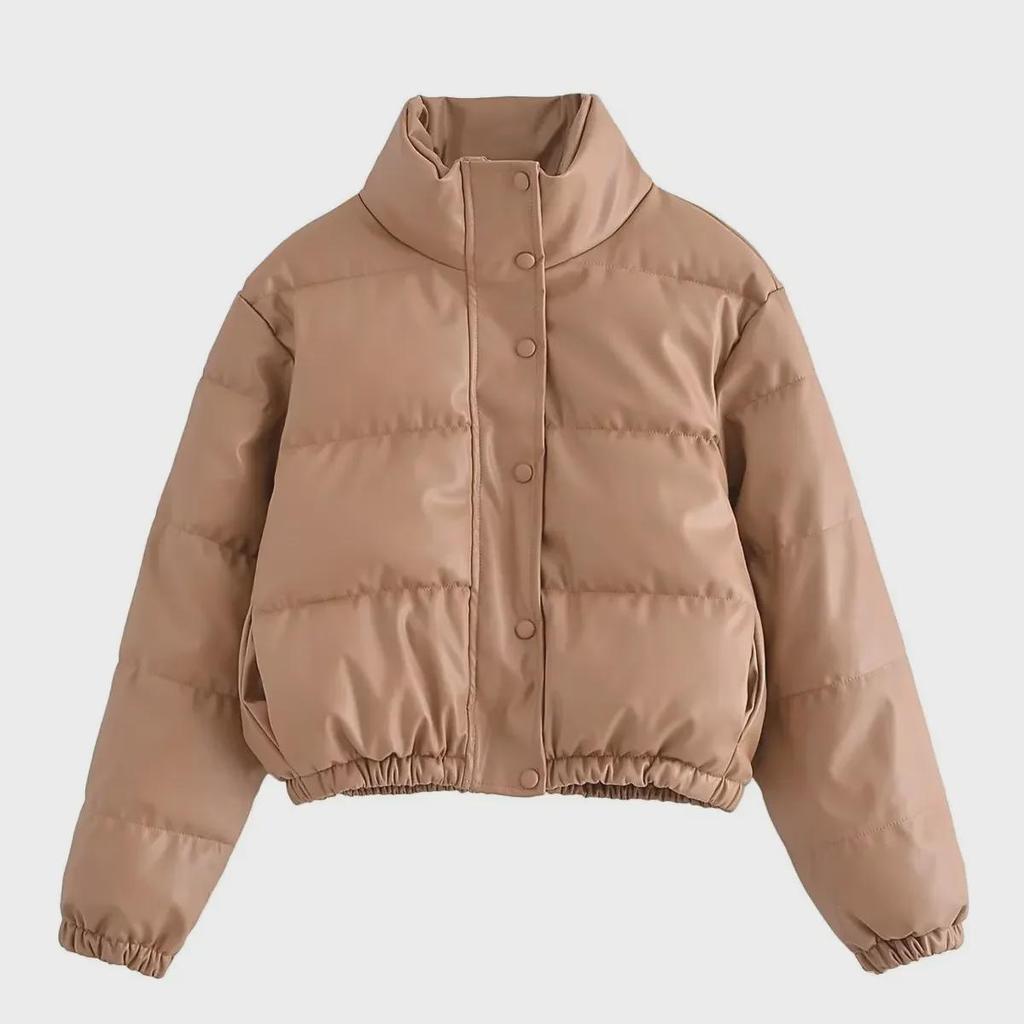 Зимняя женская блестящая короткая куртка из искусственной кожи и хлопка 2023 года