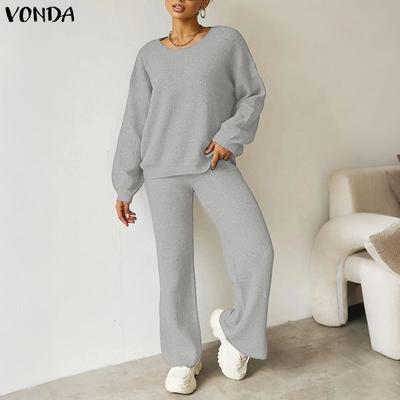 Весенне-осенние женские наряды, костюмы-двойки: трикотажная блузка в рубчик с длинным рукавом и брюки