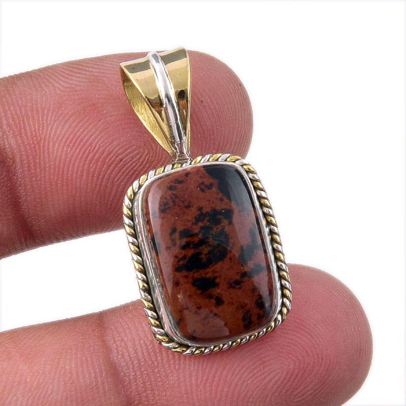 Natural Mahogany Obsidian 925 Sterling Silver Jewelry TwoTone Pendant 1.25" b8n73