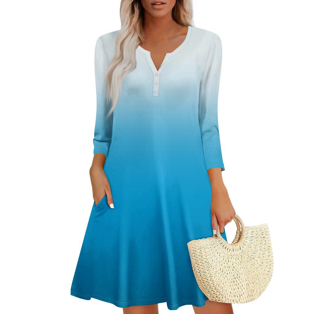 Women's Summer Dress Loose V Neck Three-quarter Sleeve Sundress With Pockets Dress
