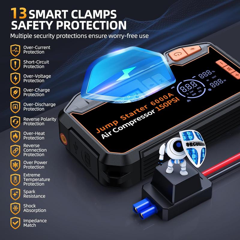 PAIVIROKU 6000A Автомобильный стартер-бустер для аккумулятора и компрессор для накачки шин 150PSI Воздушный насос со стартерной Power Bank, светодиодный фонарь