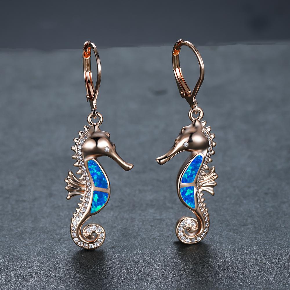 Серьги-кольца «Морской конек» для женщин, белый и синий опал, ювелирные изделия с животными, свадебные серьги цвета розового золота и серебра для женщин