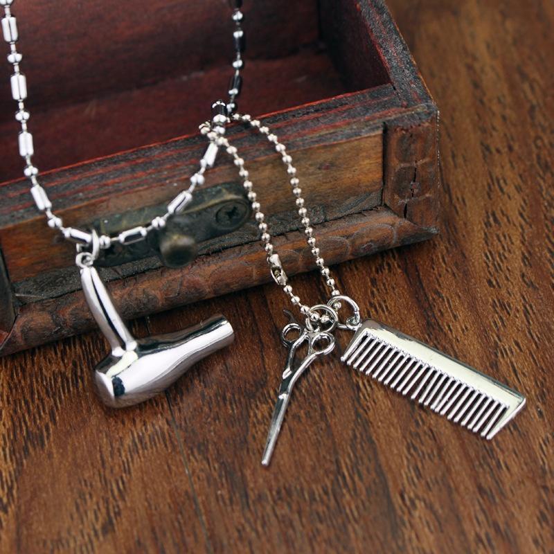 Women Fashion New Personality Scissors and Comb Hair Dryer Pendant Hairstylist Necklace