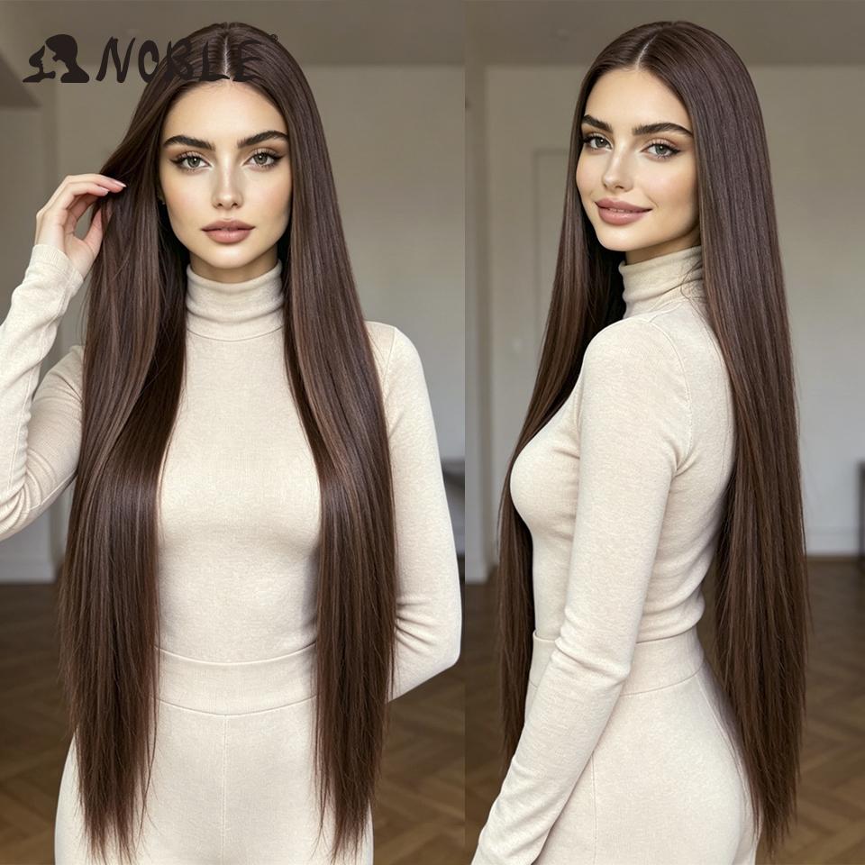 38 Inch Long Straight Synthetic Lace Front Wig Dark Brown Heat Resistant Lace Frontal Wig Natural Looking Glueless Wig For Women