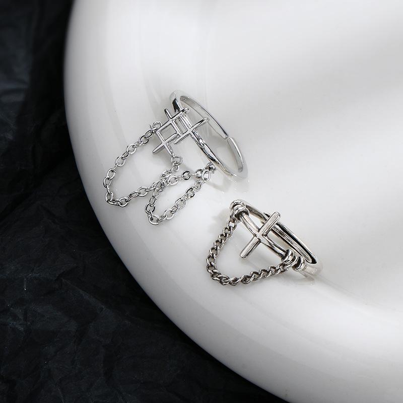 Кольцо-цепочка с двойной звездой и крестом для женщин, простое ретро-кольцо из тайского серебра с открытым указательным пальцем, крутой индивидуальный дизайн