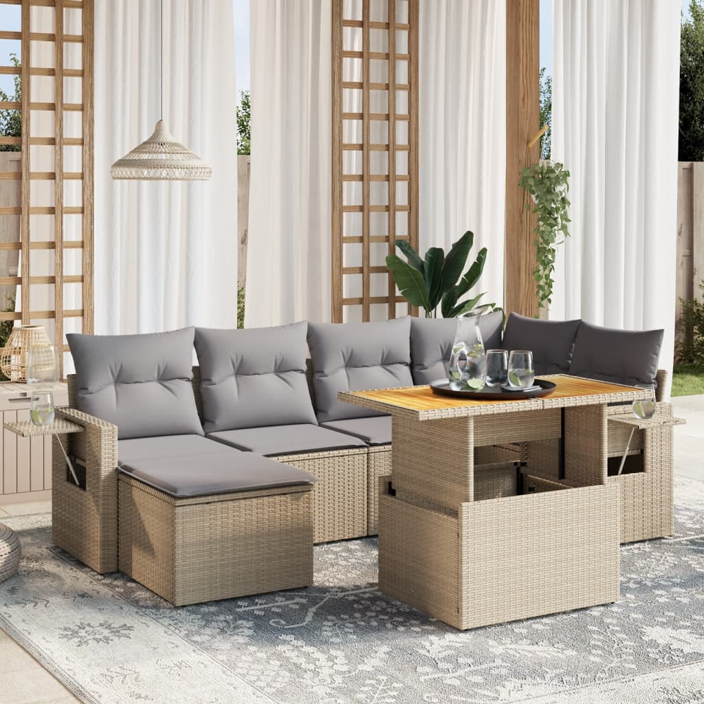 7 Piece Garden Sofa Set with Cushions Beige Poly Rattan