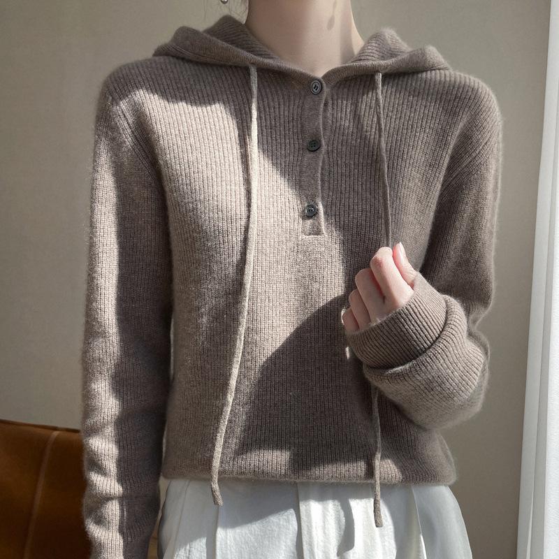Women's Cashmere Hooded Knit Sweater - Autumn/Winter Collection, Loose Fit, Short Pullover Hoodie.