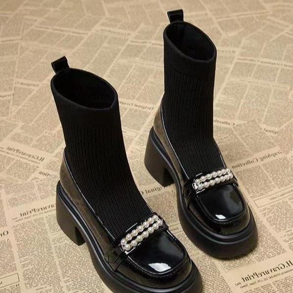 Ботинки Martin на толстой подошве женские тонкие сапоги на высоком каблуке с жемчужным узором сапоги на толстом каблуке с эластичной резинкой осенняя и зимняя одежда мода и досуг