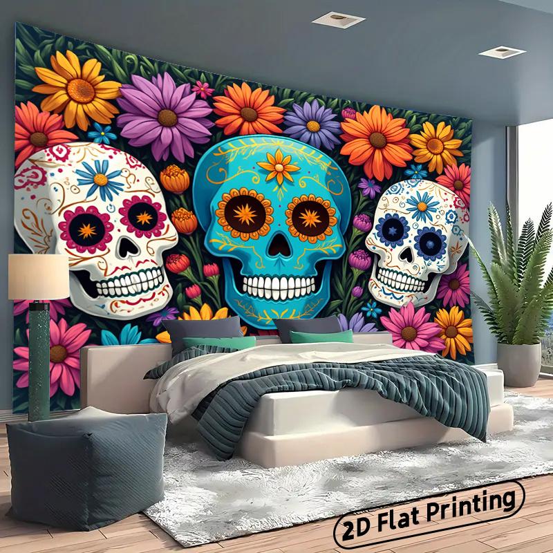 2D plane, colorful Halloween sugar skulls with floral background banners, suitable for festival decoration,zyc