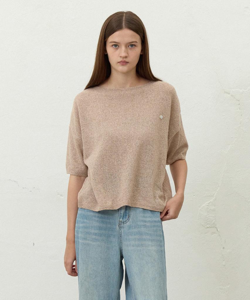 LE STUDIO Boat Neck Loose Fit Short Sleeve Knit_Beige
