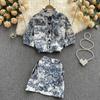 Fashionable Temperament Suit Women's Tie-dye Printed Short Shirt High Waist A-line Skirt Western Style Two-piece Suit