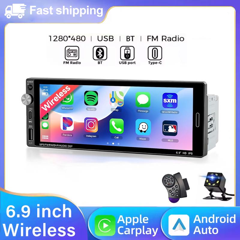 1DIN 6.9'' CarPlay Android Auto Беспроводная/Проводная Универсальная Автомагнитола MP3 MP5 Мультимедиа FM Стерео 1 DIN USB TYPE-C Быстрая Зарядка