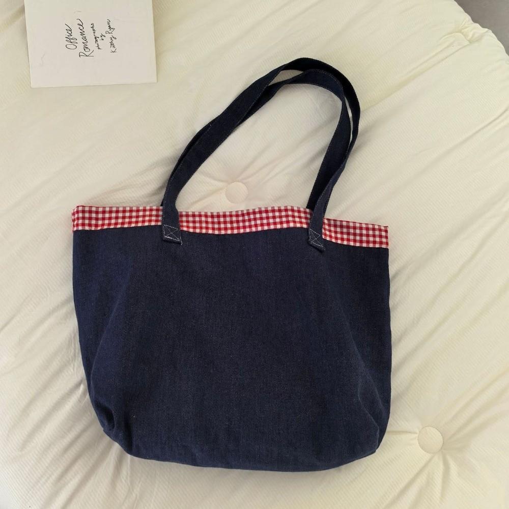 Grid Shoulder Bag Korean Style Canvas Tote Bag Soft Denim Handbag Girls