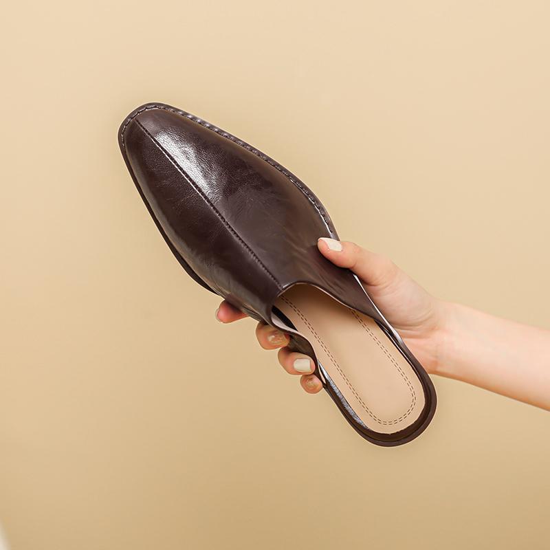 Fashion 2025 New Summer Women Mules Shoes Genuine Leather Shoes for Women Cover Toe Chunky Heel Slippers Round Toe Black Women Sandals