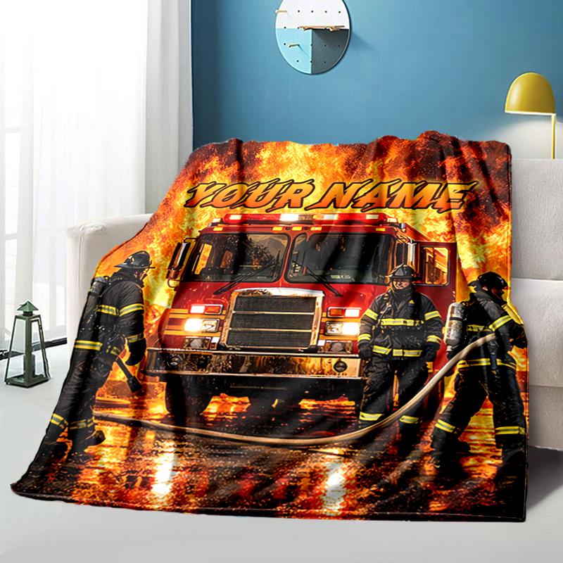 1PC Custom Name Firefighters Bravery Flames flannel blanket versatile,all-season throw suitable for the living room,bedroom,camping,travel,and gift