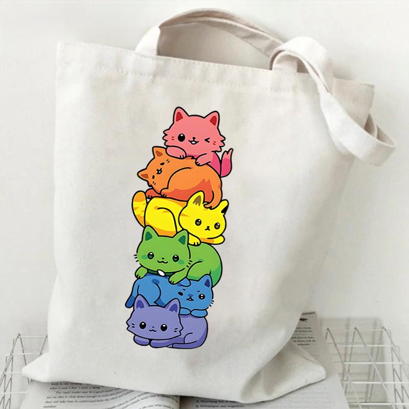 Милая холщовая сумка-тоут с изображением кота-единорога для студентов, сумка для покупок с изображением животных из мультфильмов, женская модная сумка с изображением животных, боковая сумка для женщин