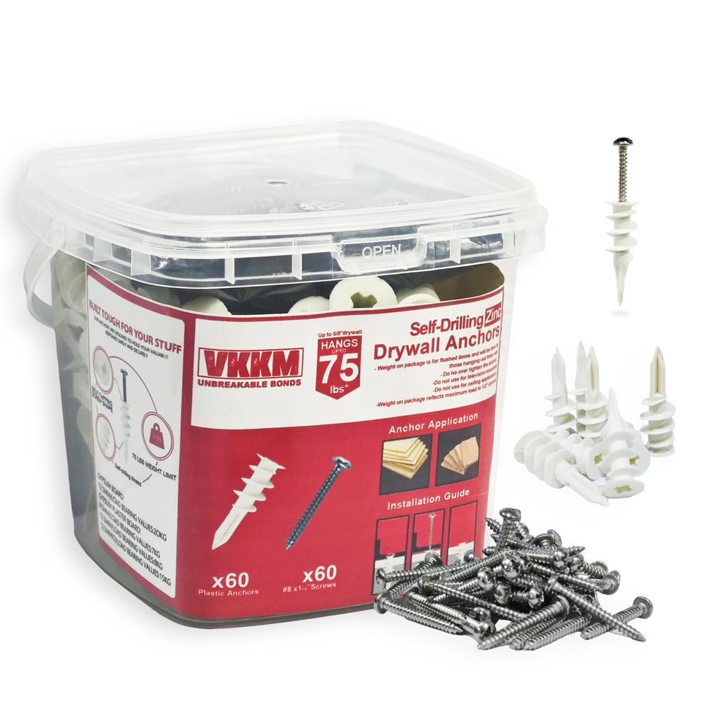VKKM #8 X 1-1/4'' Self-Drilling Zinc Plated Drywall Anchors with Screws - 30 To 240-Piece Pack for Heavy Duty Wall Mounting