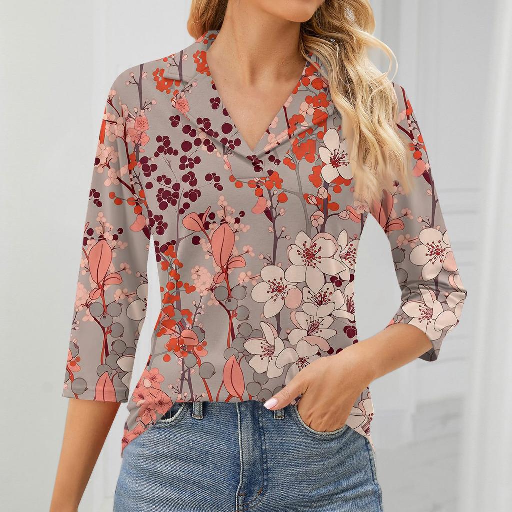 Женский модный топ для отдыха с семиточечным рукавом и V-образным вырезом, со вставками на манжетах и ​​принтом