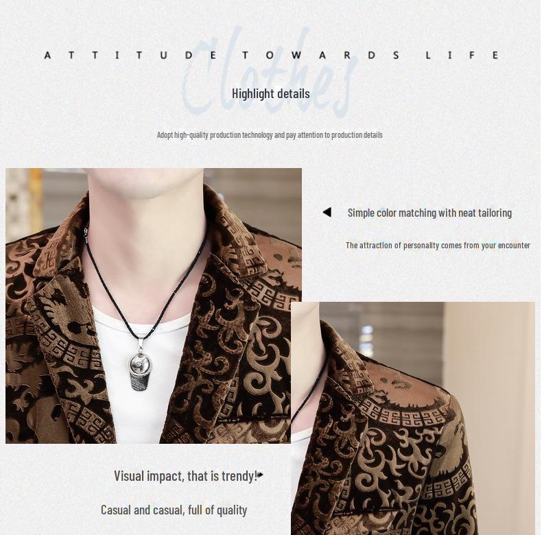 Мужской приталенный пиджак в корейском стиле из золотистого бархата - повседневный, стильный пиджак