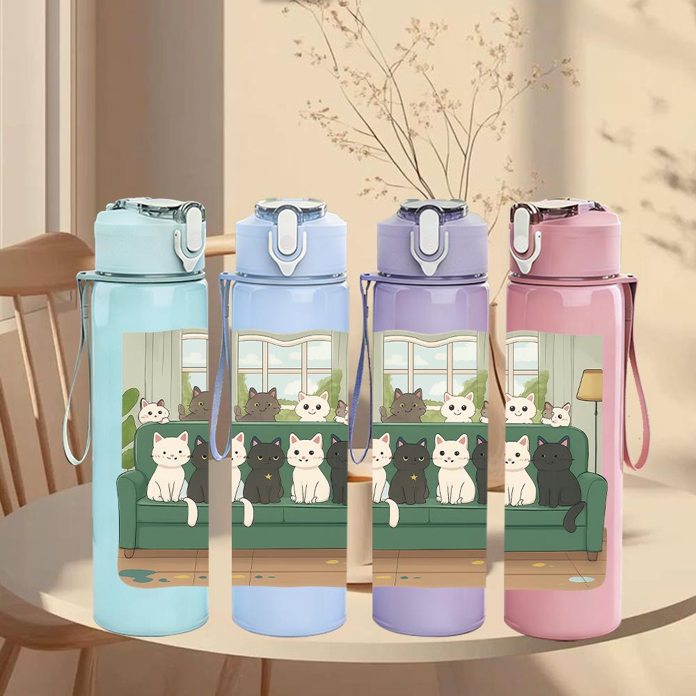 1PC Indoor Cat Family Scene 750ml Color Plastic Sports Water Bottle Leakproof Flip Straw Lid Suitable for Sports Office Home Use