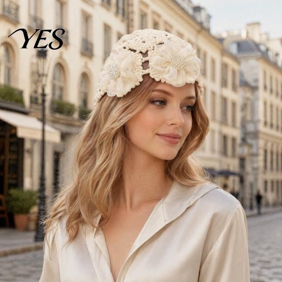 Cotton Bucket Hat Knitted Hat, Breathable Hollow Crochet 3D Retro Style Flower Embellishment Casual with Faux Pearl Stamens Spring Summer Headwear