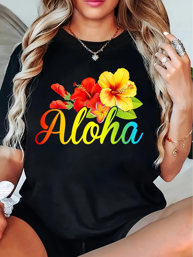 Aloha Hawaiian Hibiscus Flower Print Women T Shirt Casual Short Sleeve O-neck Summer Beach Oversized Tops Women Tropical Tops