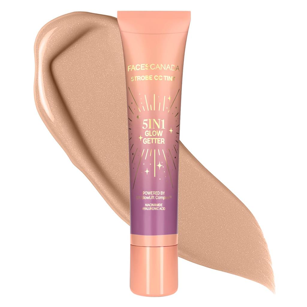 FACES CANADA Стробирующий CC-тинт Мини - Sunset Glaze 02, 18 мл | 5-в-1 Сыворотка + Увлажняющий крем + Праймер + BB/CC-крем + Стробирующий крем | Легкий | Сияющ