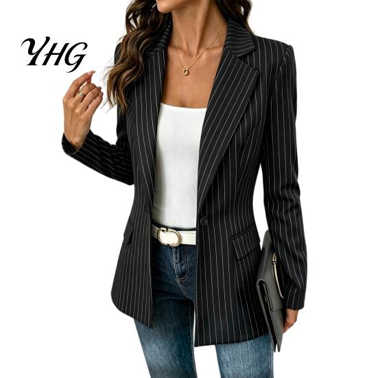 Notch Collar Coat Women Striped Blazer with One Button, Breathable Business Casual Work Fall Jacket, Long Sleeves Lapel for Button