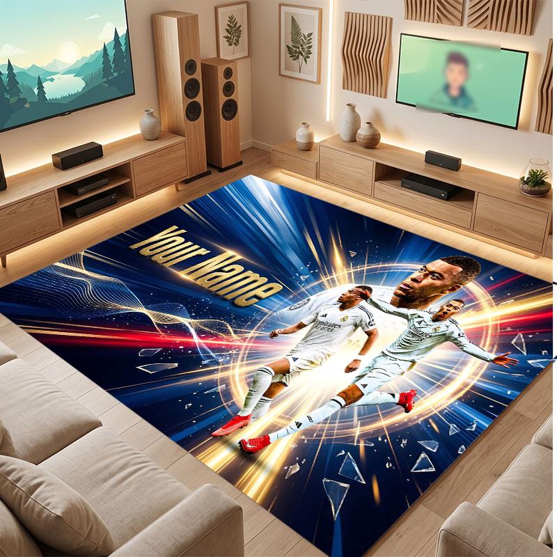 Kylian Mbappe Custom Crystal Velvet Rug, Personalized Name Text Print, Football Logo Soft Non‑Slip Floor Mat Home Decor Gift