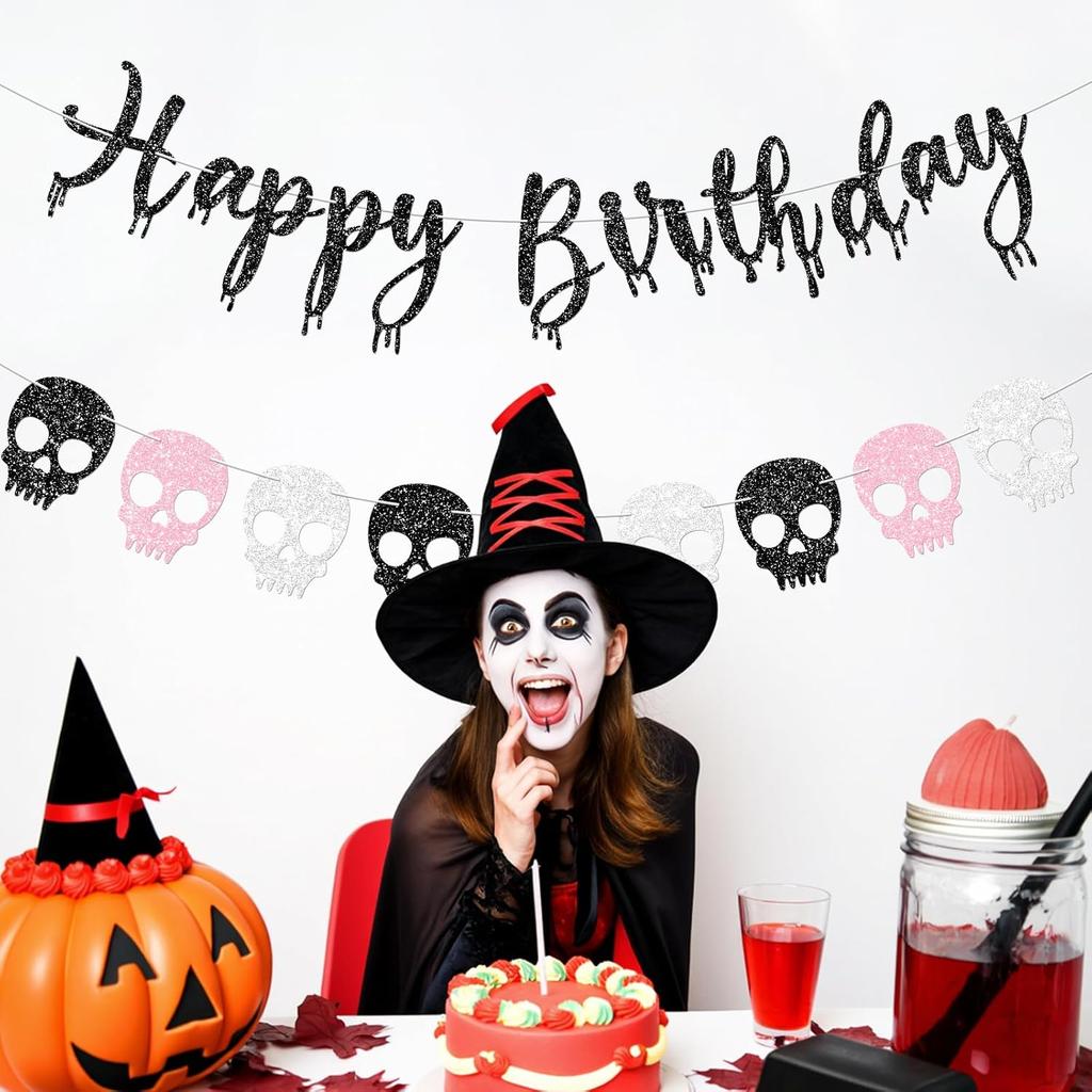 Pink Skull Halloween Happy Birthday Banner for Girl Glitter Skull Garland Banners for Pink Halloween Birthday Party Decorations
