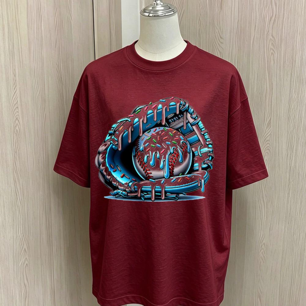 Dripping Donut Baseball Glove Graphic T Shirt Unisex Oversized Short Sleeve Tees Soft Cotton Colorful Sprinkles Baseball Print