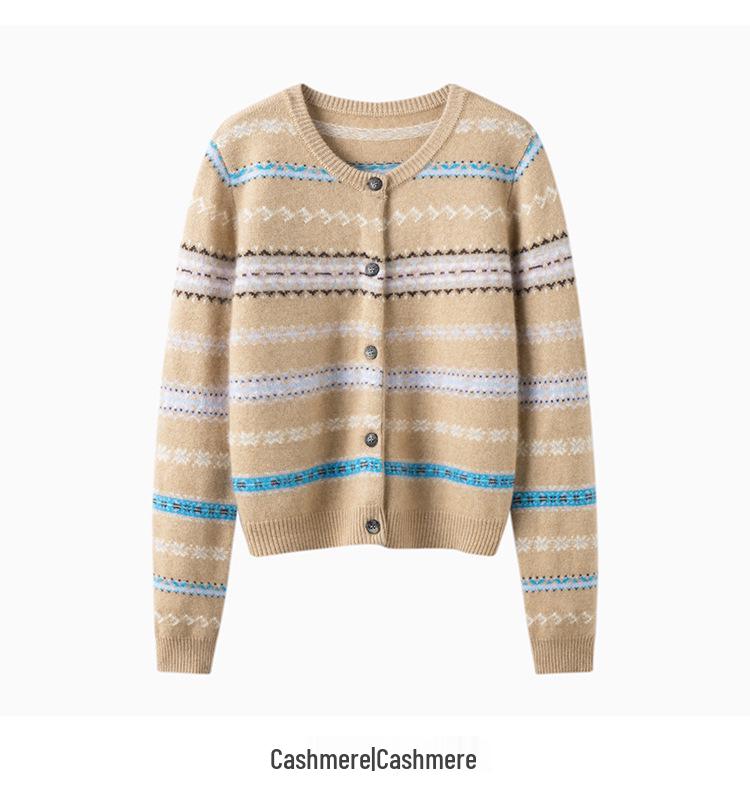 Fair Isle Striped Cashmere Cardigan - Women's Warm Round Neck Jacquard Sweater for Autumn/Winter