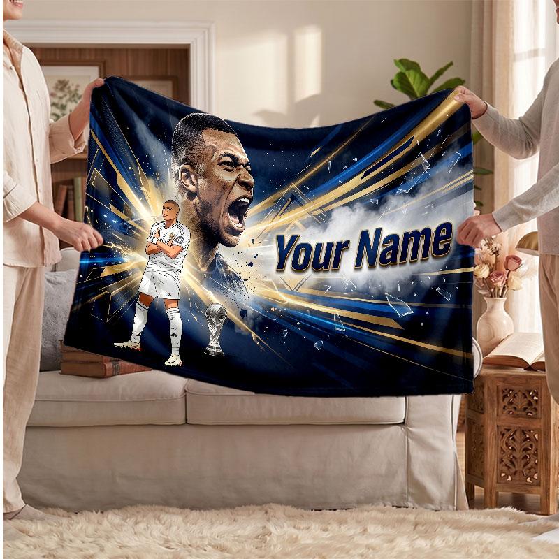 Kylian Mbappe Personalized Fleece Blanket With Football Logo, Custom Name Text Soft Warm Home Throw Blanket