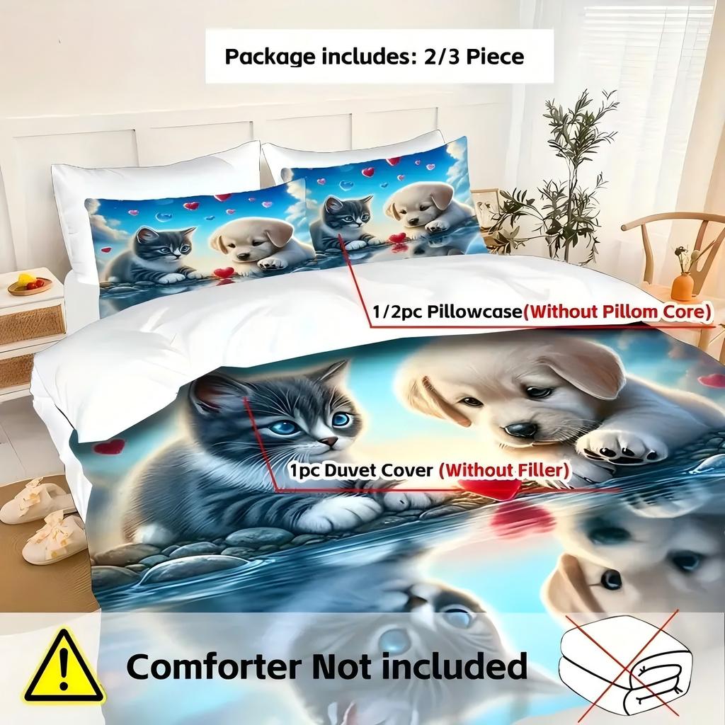 Cute Cat Dog Pattern 3D Printed Bedding Set Cute Animal Romantic Couple Theme Duvet Cover Soft Comfortable Luxury Quilt Cover
