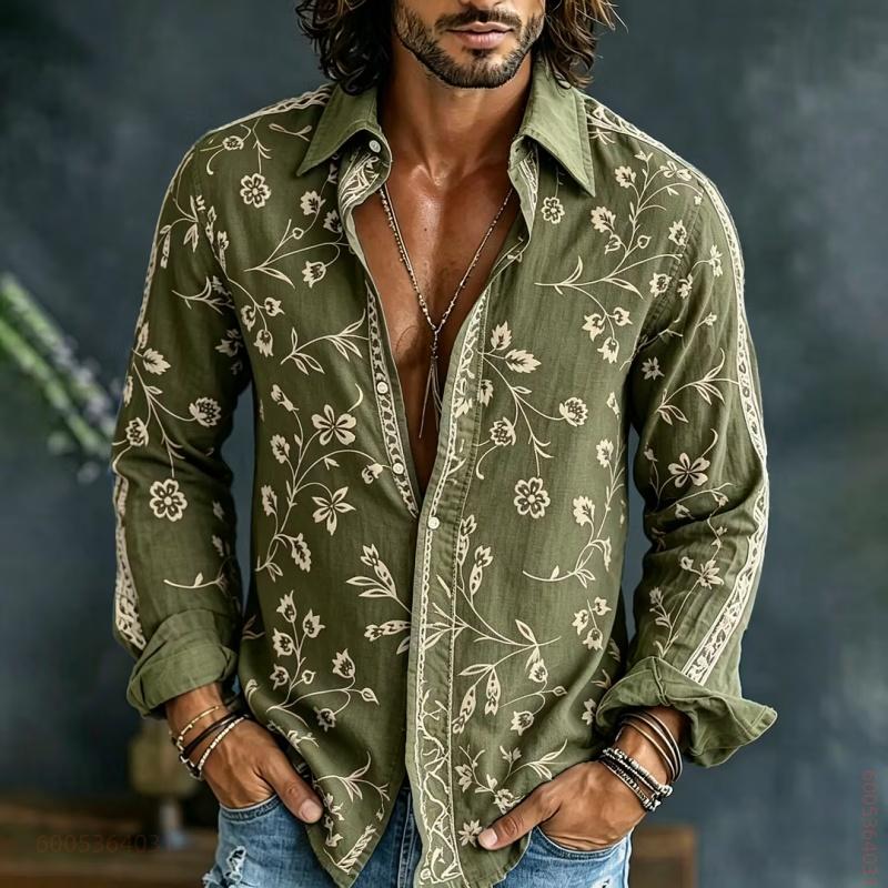 Men's Long Sleeved Shirt with Floral Branches and Leaves Printed on Top, Versatile Casual Shirt for Daily Commuting and Travel