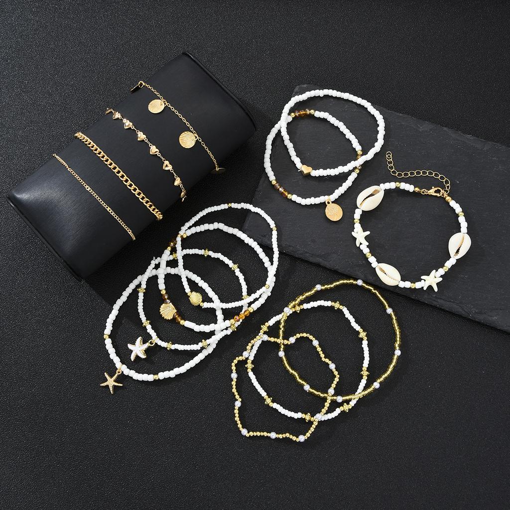 14Pcs/Set Bohemian Rice Beads Starfish Shell Anklet Sets for Women Retro Gold Color Multilayer Foot Chain Vacation Jewelry Gifts1