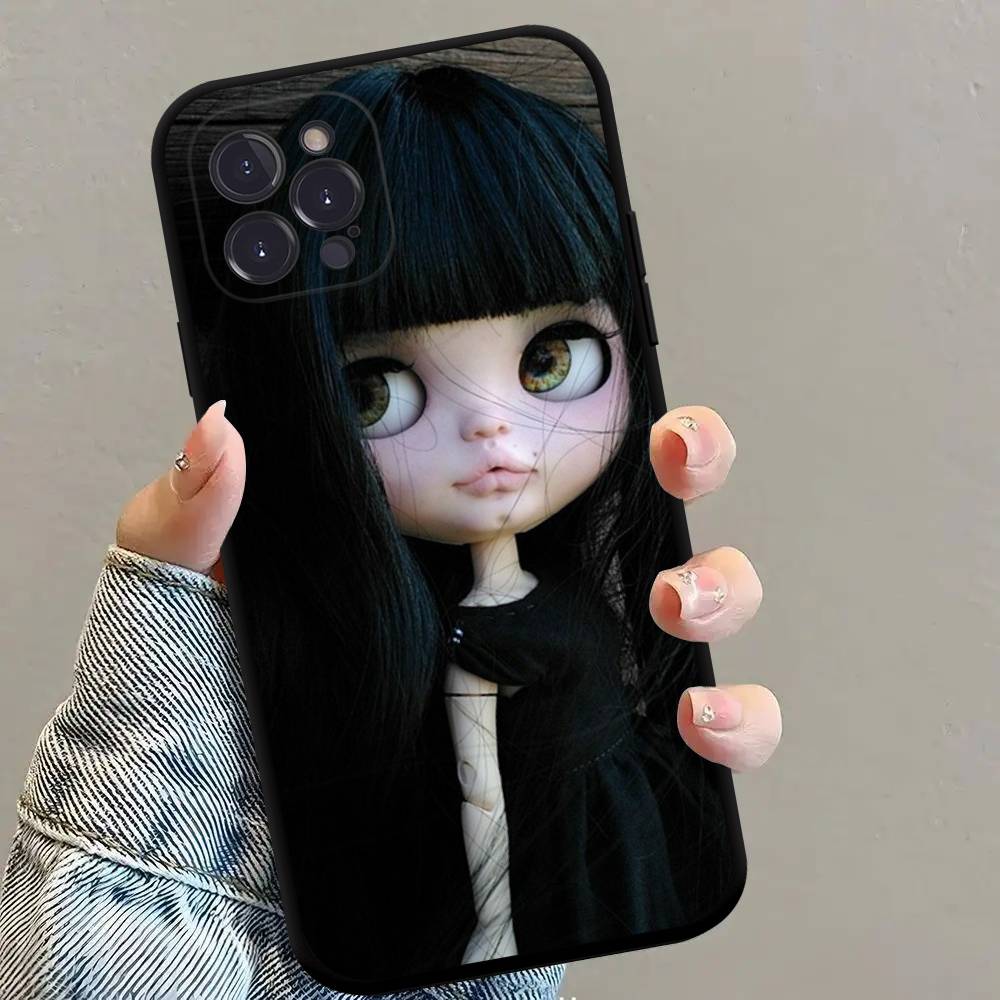 Dark Cute Girl Doll Black Matte Phone Case For iphone 17 Air 16 15 14 13 12 11 Pro Max Plus Back Cover TPU Soft Case